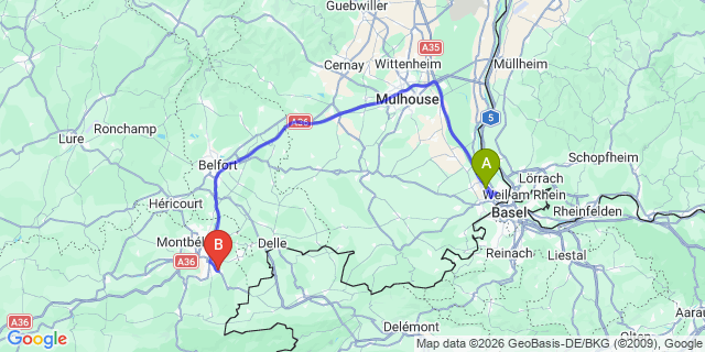 Map: Basel Airport (BSL) to Belfort