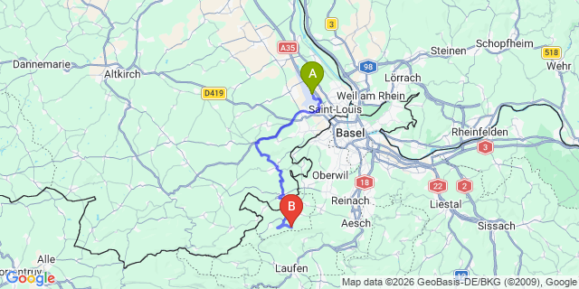 Map: Basel Airport (BSL) to Bern Airport