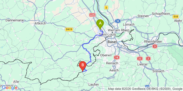 Map: Basel Airport (BSL) to Bern