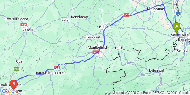Map: Basel Airport (BSL) to Besancon
