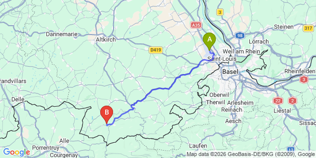 Map: Basel Airport (BSL) to Biel