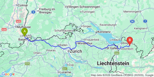 Map: Basel Airport (BSL) to Bizau