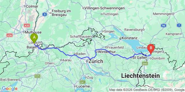 Map: Basel Airport (BSL) to Brand-Brandnertal-Vorarlberg