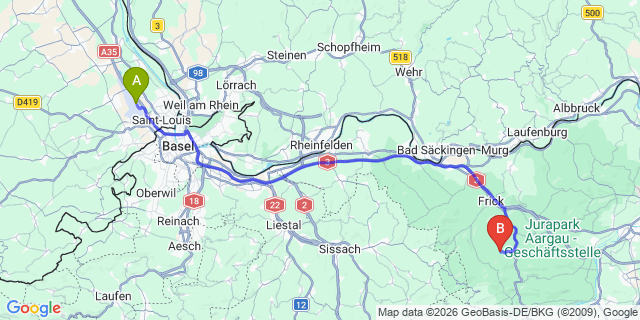Map: Basel Airport (BSL) to Brienz