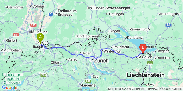 Map: Basel Airport (BSL) to Chur