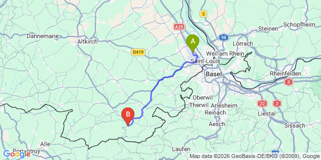 Map: Basel Airport (BSL) to Colmar