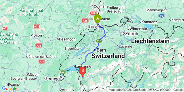 Map: Basel Airport (BSL) to Courmayeur