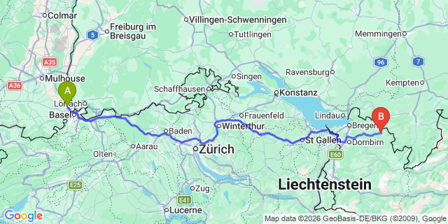 Map: Basel Airport (BSL) to Dalaas