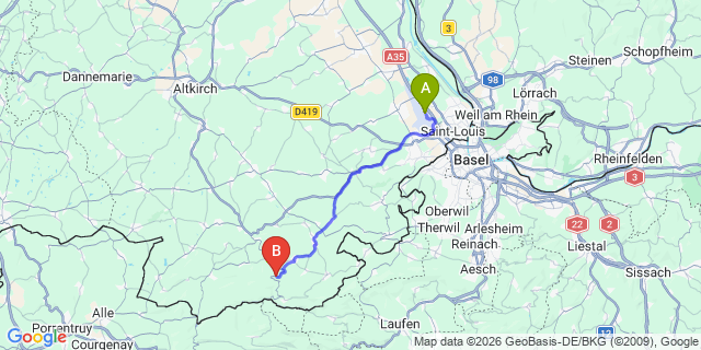Map: Basel Airport (BSL) to Delemont
