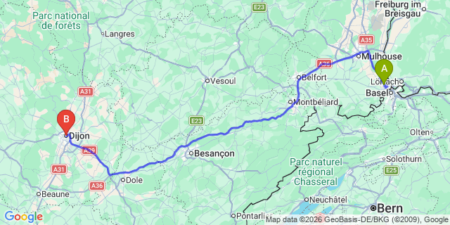Map: Basel Airport (BSL) to Dijon