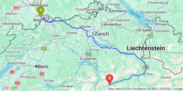 Map: Basel Airport (BSL) to Disentis