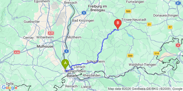 Map: Basel Airport (BSL) to Feldberg