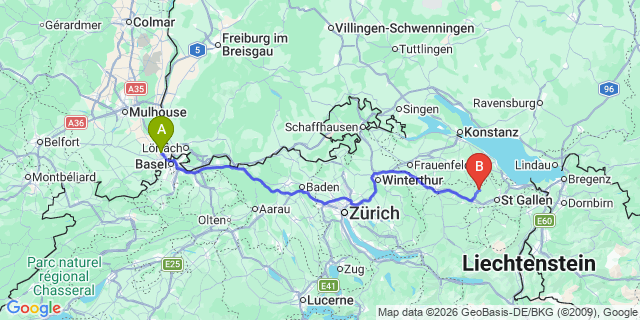 Map: Basel Airport (BSL) to Flumserberg