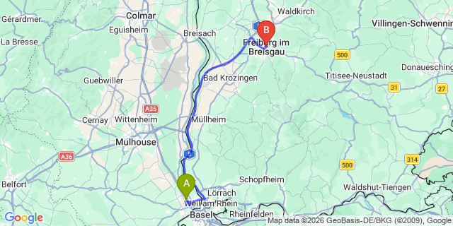 Map: Basel Airport (BSL) to Freiburg