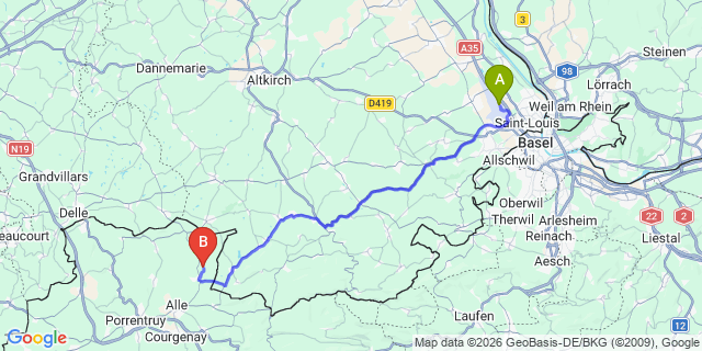 Map: Basel Airport (BSL) to Fribourg