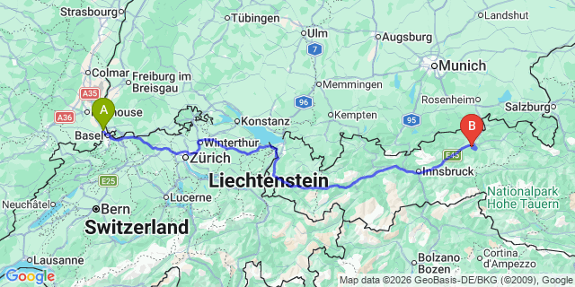 Map: Basel Airport (BSL) to Gerlos