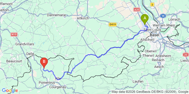 Map: Basel Airport (BSL) to Gruyeres