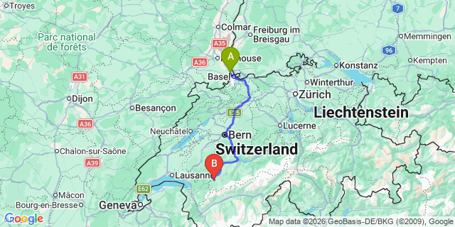 Map: Basel Airport (BSL) to Gstaad Saanen