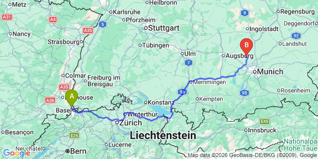 Map: Basel Airport (BSL) to Igls