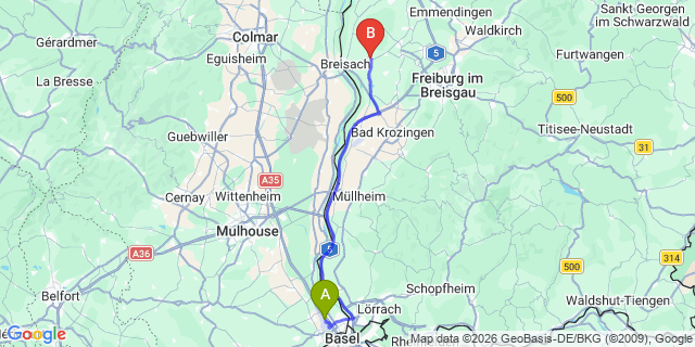 Map: Basel Airport (BSL) to Ihringen