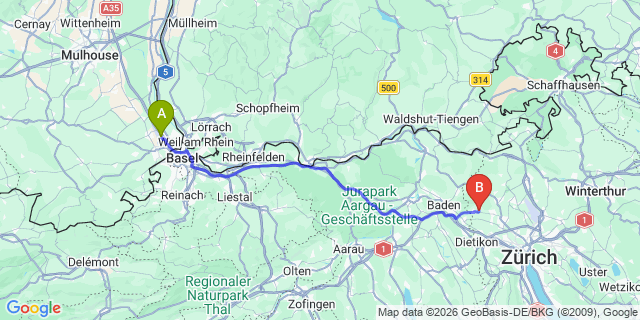 Map: Basel Airport (BSL) to Karlsruhe