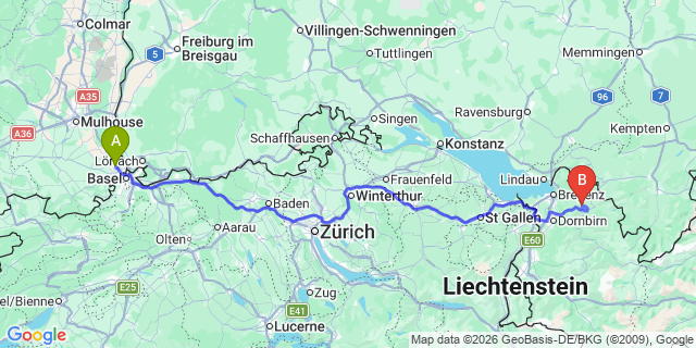 Map: Basel Airport (BSL) to Klosters