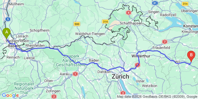 Map: Basel Airport (BSL) to Kreuzlingen