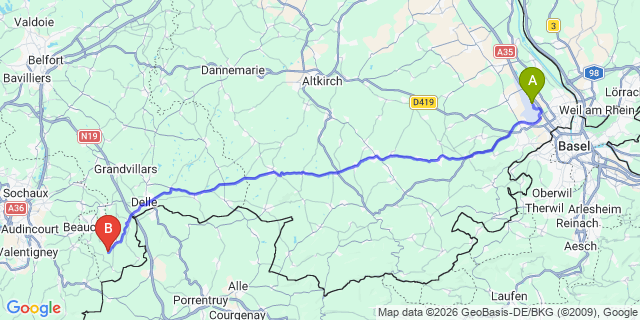Map: Basel Airport (BSL) to La Thuile Aosta