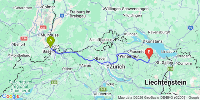 Map: Basel Airport (BSL) to Laax