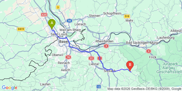Map: Basel Airport (BSL) to Lauterbrunnen