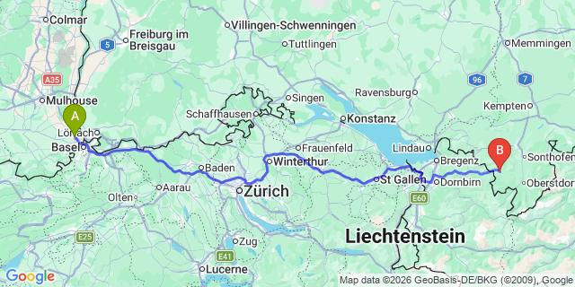 Map: Basel Airport (BSL) to Lech am Arlberg