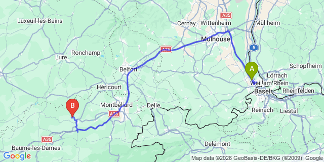 Map: Basel Airport (BSL) to Les Carroz Dessus