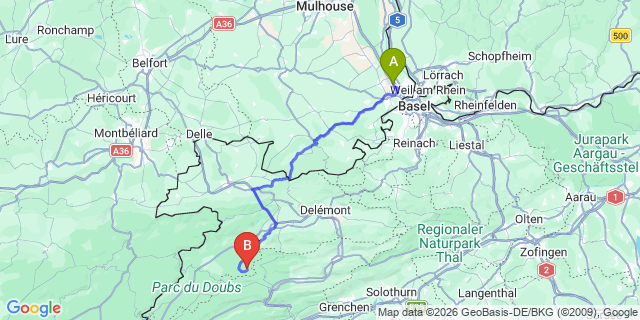 Map: Basel Airport (BSL) to Les Genevez