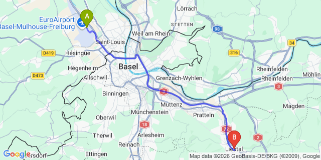 Map: Basel Airport (BSL) to Liestal