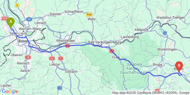 Map: Basel Airport (BSL) to Luzern