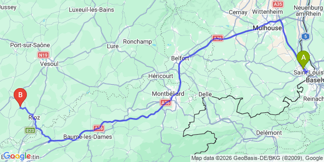 Map: Basel Airport (BSL) to Mijoux