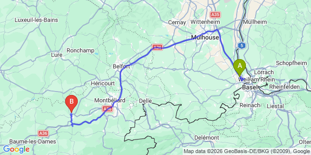 Map: Basel Airport (BSL) to Mottaret