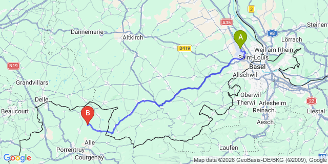 Map: Basel Airport (BSL) to Murten