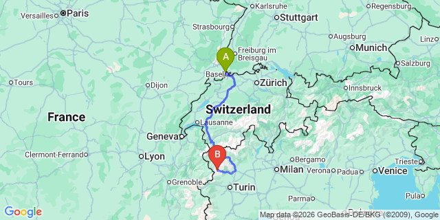 Map: Basel Airport (BSL) to Nice