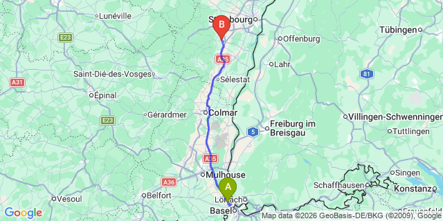Map: Basel Airport (BSL) to Obernai
