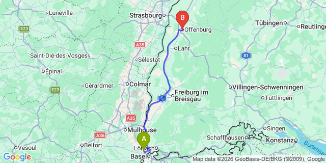 Map: Basel Airport (BSL) to Offenburg