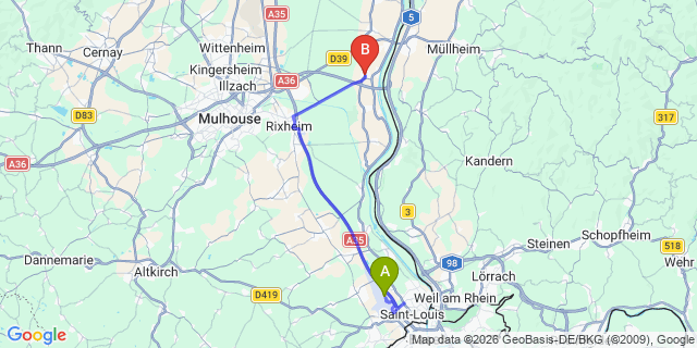 Map: Basel Airport (BSL) to Ottmarsheim