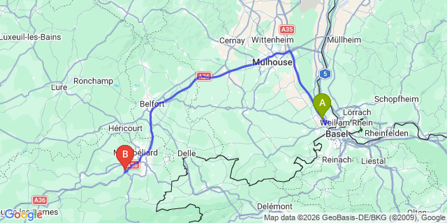 Map: Basel Airport (BSL) to Peisey Vallandry
