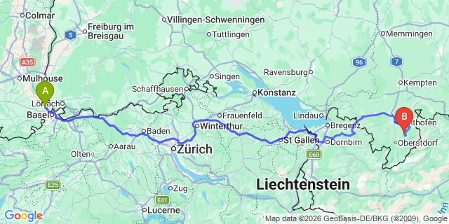 Map: Basel Airport (BSL) to Pettneu am Arlberg