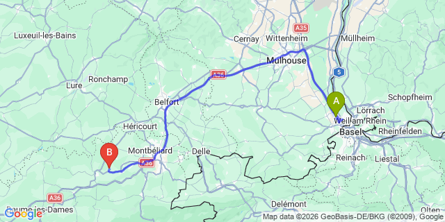 Map: Basel Airport (BSL) to Plagne Montalbert