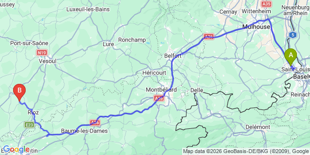 Map: Basel Airport (BSL) to Prapoutel