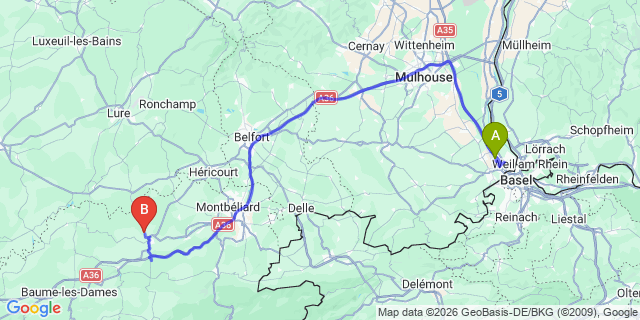 Map: Basel Airport (BSL) to Praz sur Arly