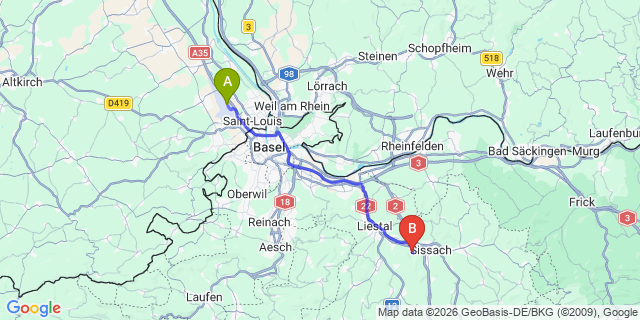 Map: Basel Airport (BSL) to Rheinfelden