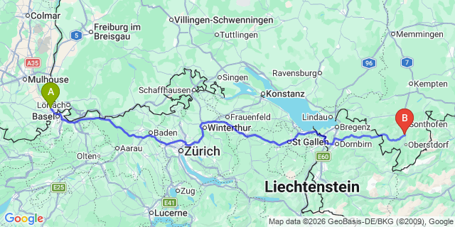 Map: Basel Airport (BSL) to Sankt Anton am Arlberg