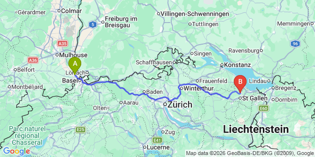 Map: Basel Airport (BSL) to Sankt Gallen
